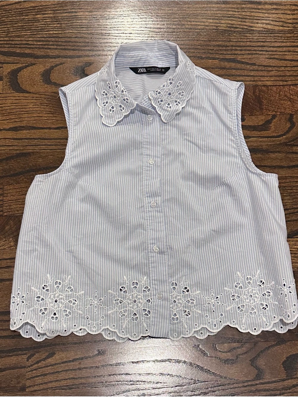 Zara Sleeveless Embroidered Eyelet Collar Top in Light Blue
